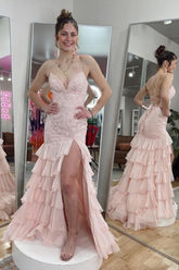 Fabulous Pink Mermaid Sweetheart Halter Spaghetti Strap Sleeveless Lace Long Tulle Split Front Prom Dresses